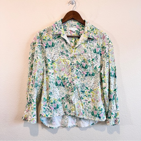 Cynthia Rowley Linen Floral Button Down Shirt Cottagecore Coastal Boho Top M - Picture 2 of 10